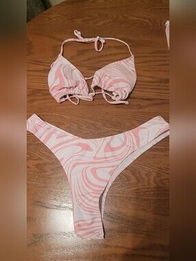 Pink & White Abstract Swirl 4-Piece Bikini Set with Matching Skirt & Head Scarf